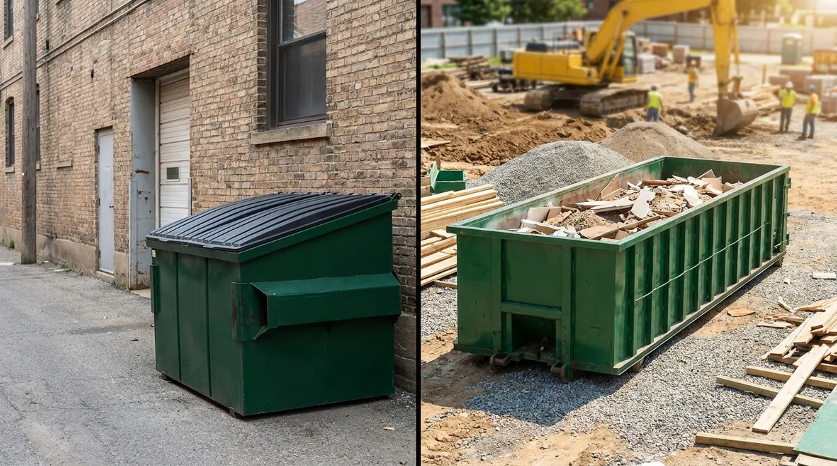 Front-load commercial dumpster beside a business with a roll-off container at an adjacent jobsite
