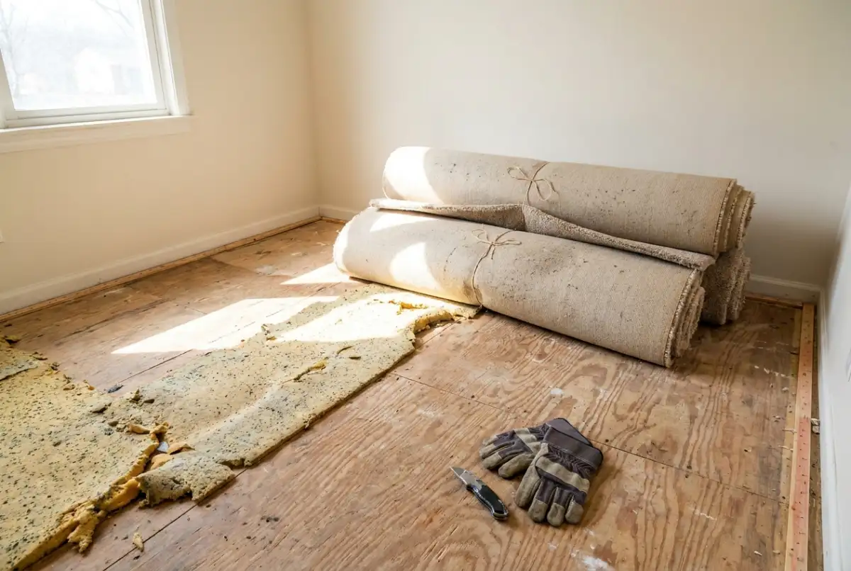 Old carpet being rolled up off a plywood subfloor with the padding and tack strips exposed