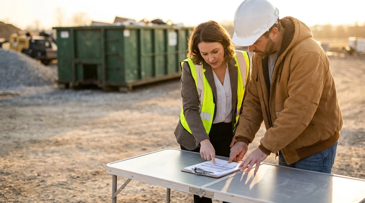 Commercial account manager reviewing a waste service agreement with a contractor
