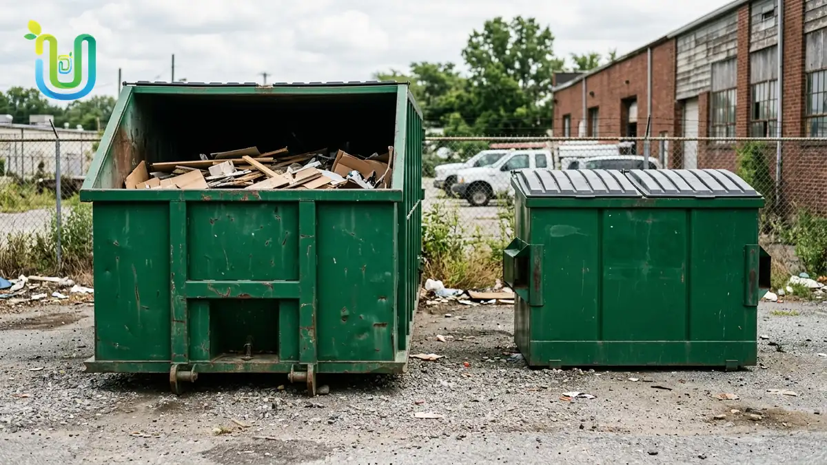 Roll-off dumpster compared to front-load dumpster side by side