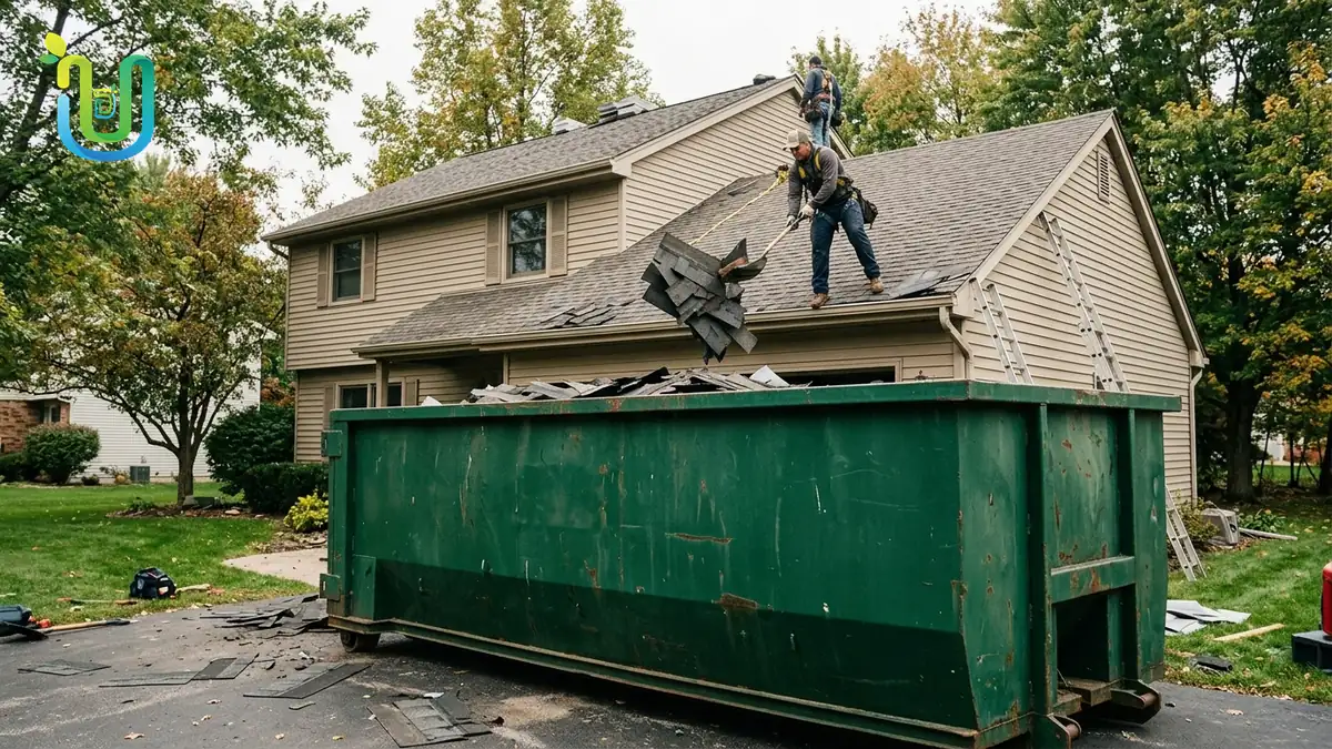 Roofing tear-off project with dumpster for shingle disposal