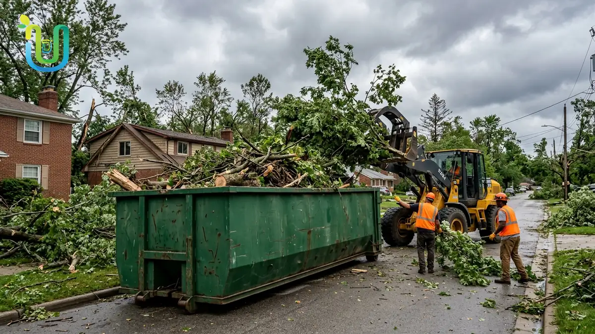 Storm damage cleanup with debris removal and dumpster rental
